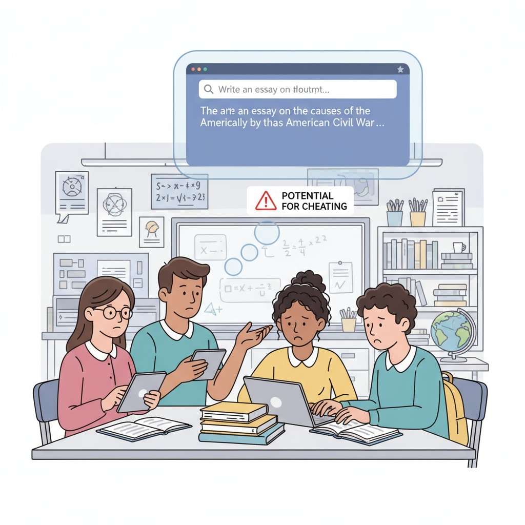 Students using digital devices, with a thought bubble showing ChatGPT interface, indicating the potential for cheating in the context of homework Students using digital devices and ChatGPT for potential homework cheating