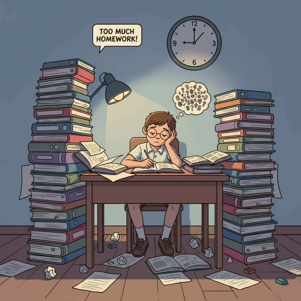 A child sitting at a desk, looking tired while surrounded by homework books, representing the burden of excessive homework A tired child surrounded by homework, highlighting the issue of excessive homework