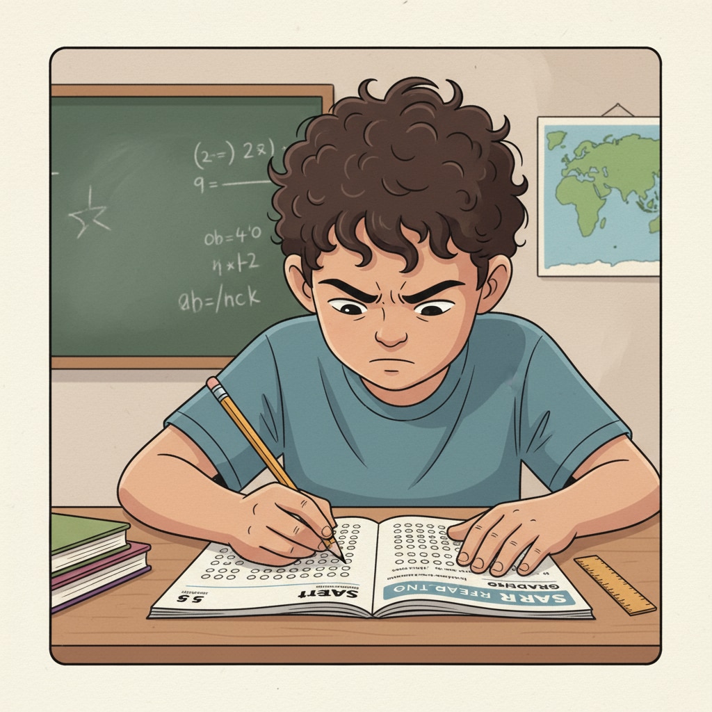 A student sitting at a desk, concentrating on a STAR Test booklet, with a pencil in hand and a determined expression on their face. A student taking the STAR Test to measure academic performance and obtain percentile rank.