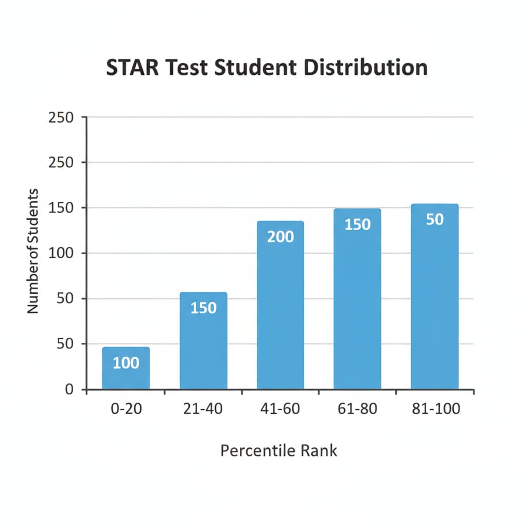 A bar graph with different percentile ranks on the x-axis and the number of students on the y-axis, showing how students are distributed across different percentile ranks in a STAR Test. A graph depicting the distribution of percentile ranks in a STAR Test for academic assessment.