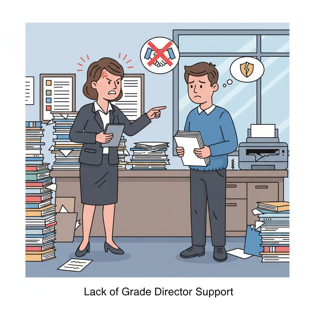 A grade director is shown scolding a teacher in the office, depicting the lack of support from grade directors. A grade director scolding a teacher, showing lack of support