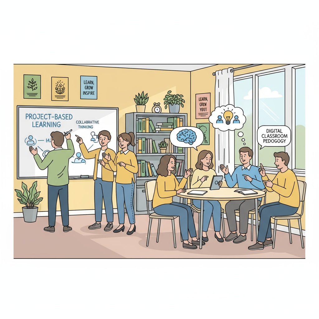 A group of educators are engaged in a lively discussion about innovative teaching methods within a classroom setting, with some writing on a whiteboard and others sharing their thoughts. Educators discussing teaching methods, postgraduate programs, and curriculum design in a classroom