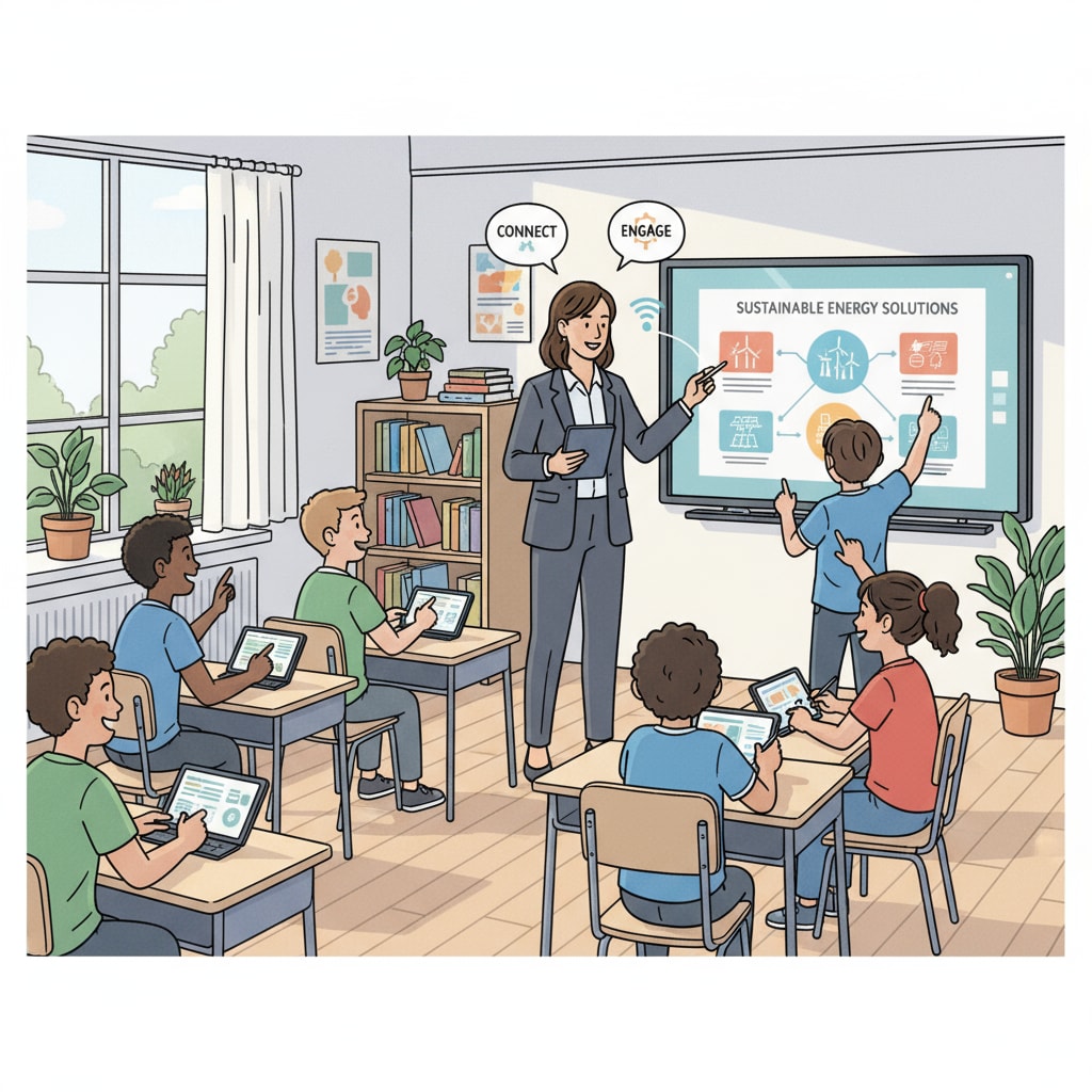 A teacher is using digital tools such as a tablet and interactive whiteboard to conduct a class, with students actively participating. Teacher using digital tools for teaching, related to teaching methods, postgraduate programs, and curriculum design