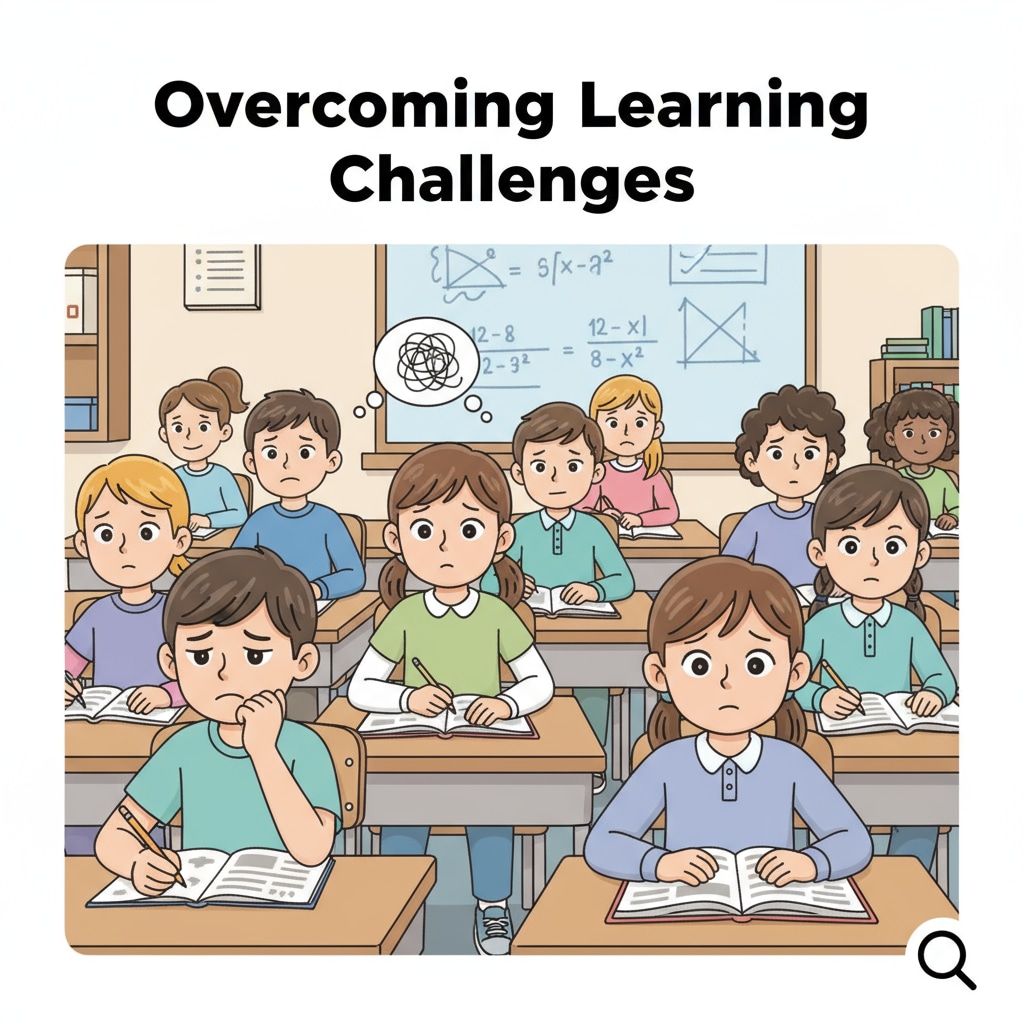 A group of K12 students are sitting in a classroom, with some showing worried expressions on their faces, indicating their concerns about learning and self-doubt. K12 students experiencing self-doubt in a classroom