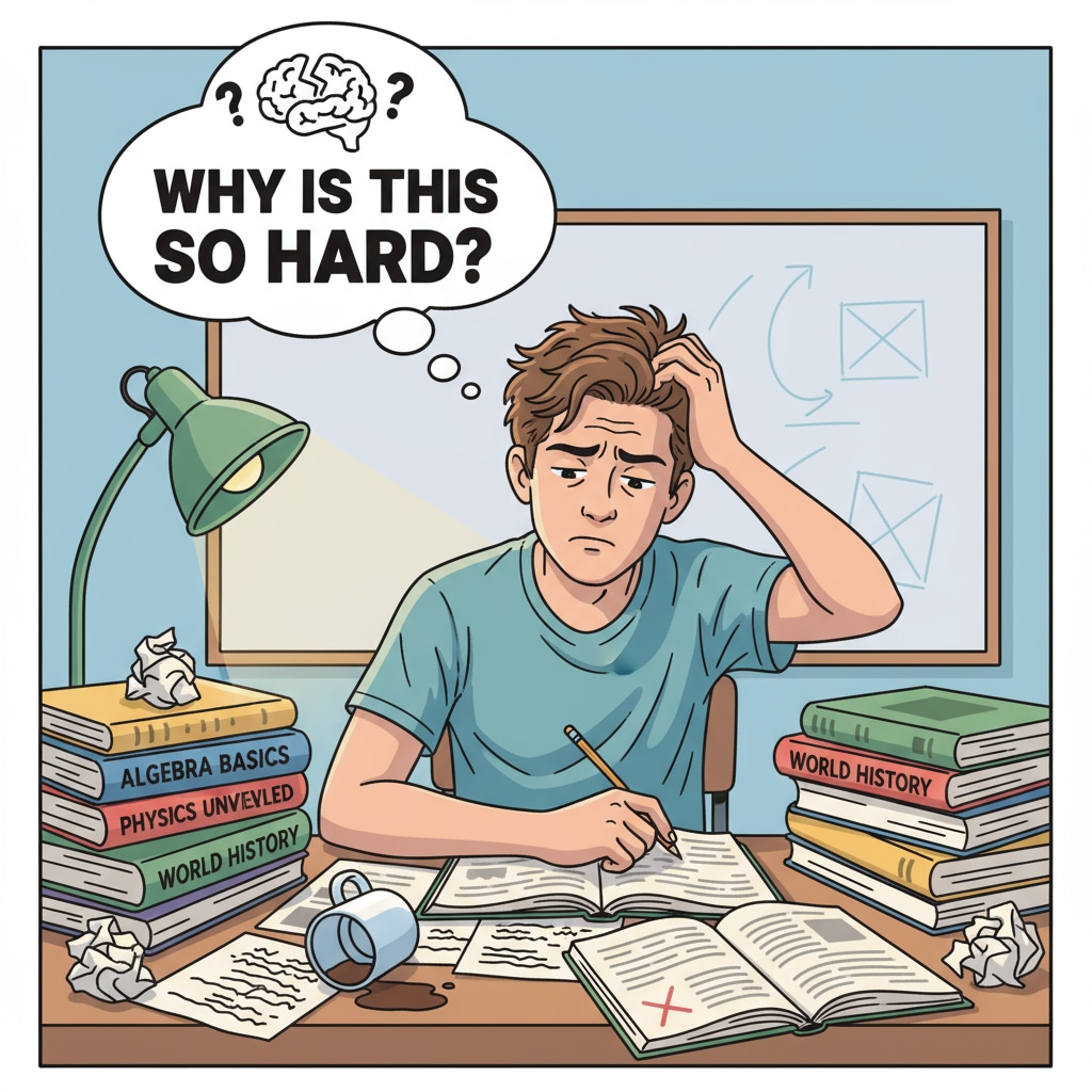 A single student is sitting at a desk, surrounded by books and papers. The student has a frustrated look, which may be related to learning difficulties and self-doubt. A student facing learning difficulties and self-doubt at a desk
