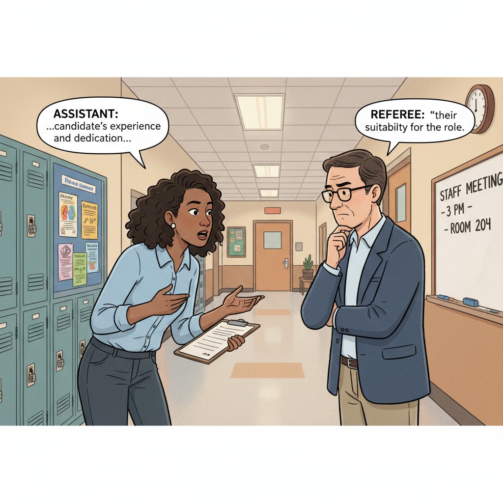 A K12 teaching assistant is engaged in a conversation with a potential referee, likely an administrator or a teacher, in a school hallway. The setting is professional and the body language shows an earnest discussion. A K12 teaching assistant discussing with a potential referee for MAT teaching program application