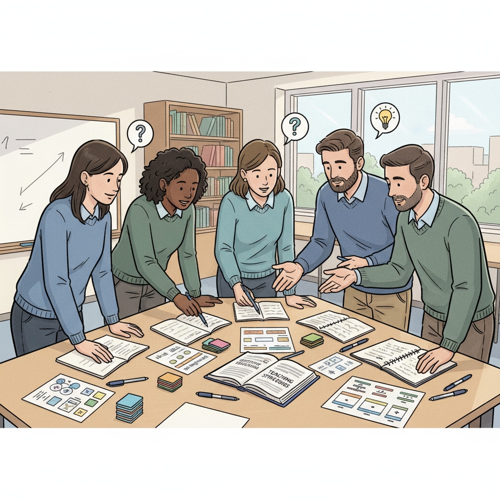 A group of teaching assistants and teachers are gathered around a table, looking at teaching materials and discussing strategies. There are notebooks and pens on the table, indicating a serious discussion about classroom work. K12 teaching assistants and teachers collaborating and discussing, relevant to MAT teaching program application
