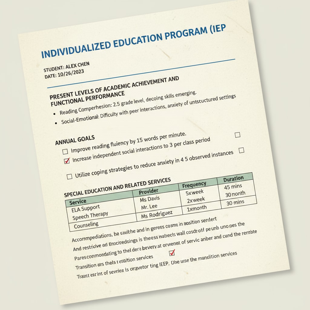 Special education, IEP, comprehension difficulties - Close-up of complex IEP page