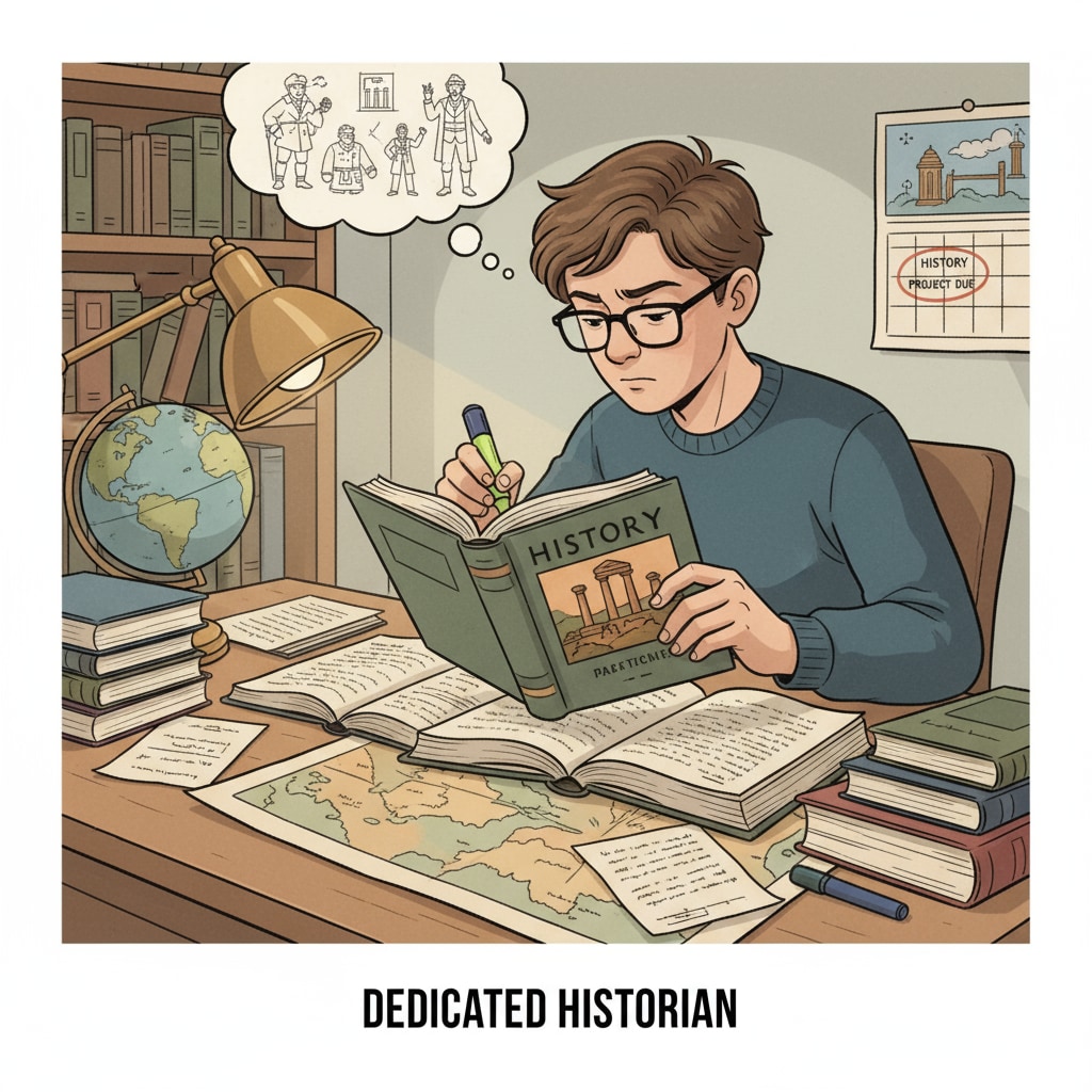 A high school student is deeply engrossed in studying history textbooks at a desk, showing their dedication to learning history. High school student studying history textbooks for future history teaching career