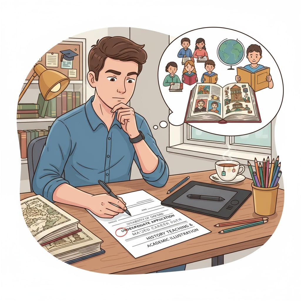 A student is carefully filling out a university application form, focused on taking the next step towards a career in history teaching. Student filling out university application for history teaching career