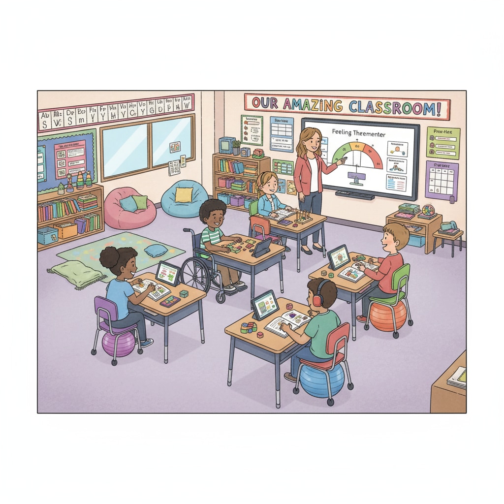 A classroom setting for special education students, with desks, educational materials, and a positive learning environment. Special education classroom for students with disabilities during government shutdown and staff shortage