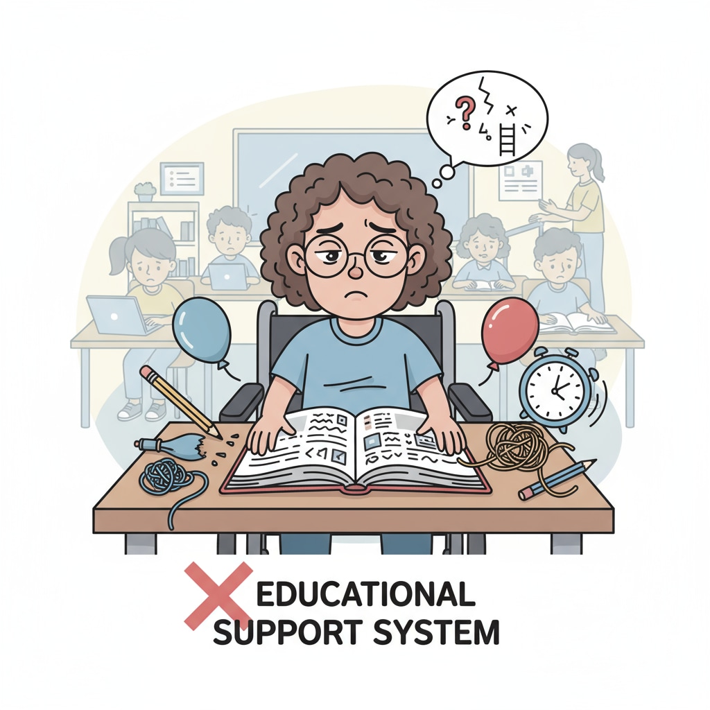 A single student with a disability at a desk, showing a somewhat disappointed expression as educational support is lacking. Student with disability facing challenges due to staff shortage in special education during government shutdown