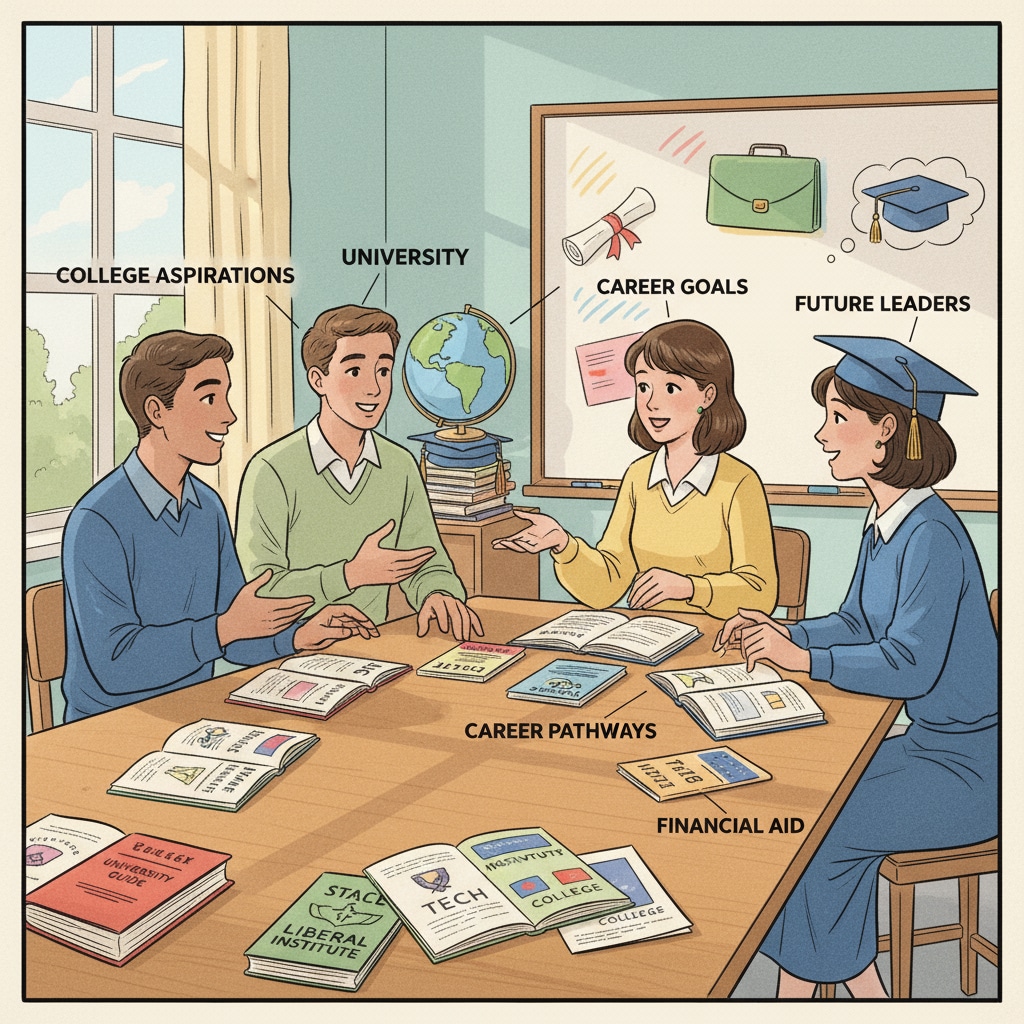 A group of high school graduates are engaged in a lively discussion about their college and career aspirations, with books and brochures about different colleges spread out on the table. High school graduates discussing academic planning, college selection, and career development