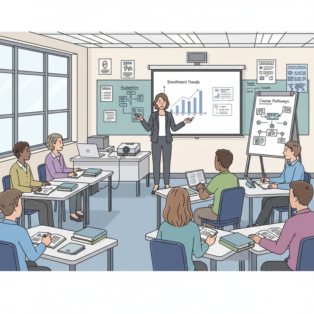 Students are attentively listening to the instructor in a community college classroom, with educational materials and equipment visible. Community college students engaged in academic learning related to academic planning, college selection, and career development