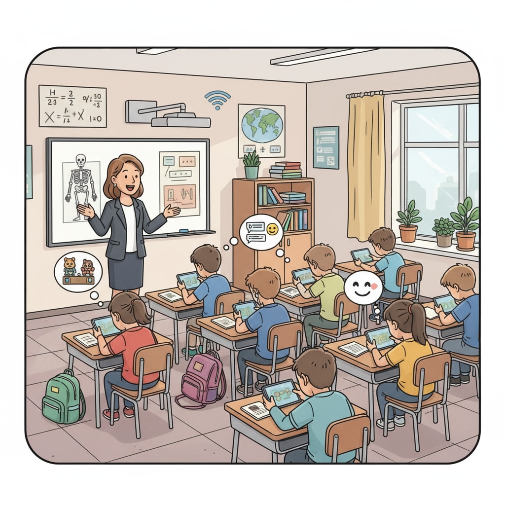 Students distracted by digital devices in a K12 classroom, related to attention economy, information deserts, and tech manipulation