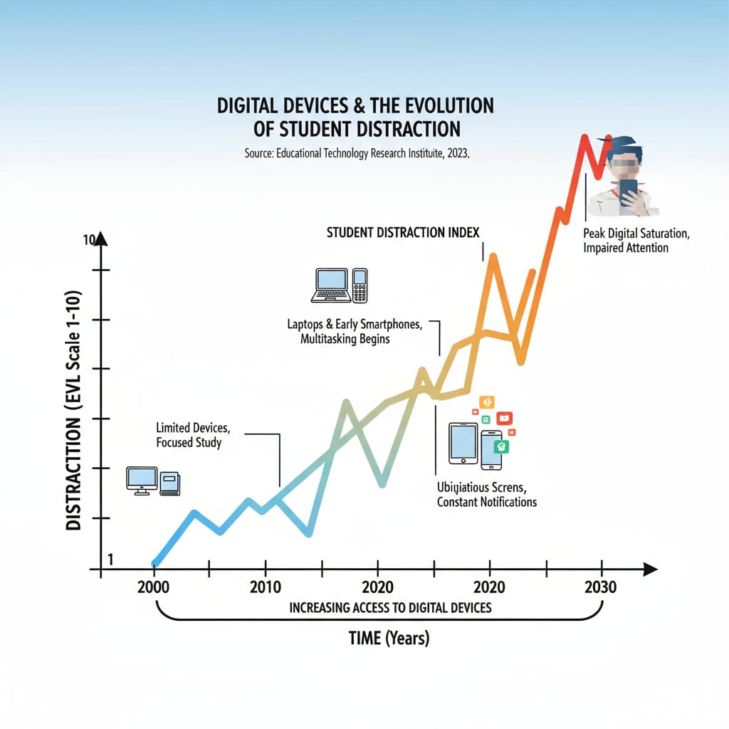 Graph depicting distraction levels among K12 students because of digital devices, related to attention economy, information deserts, and tech manipulation
