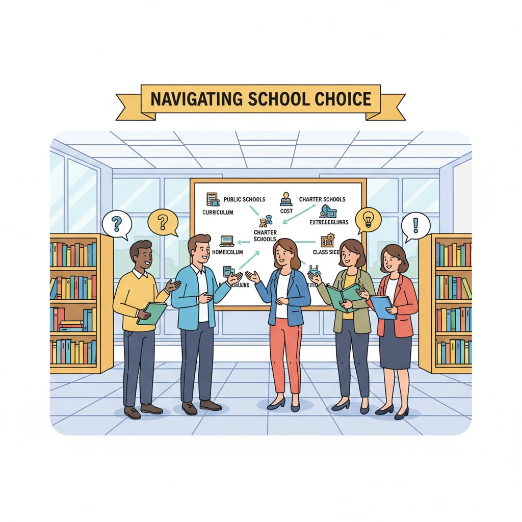 Parents discussing school choice options in the context of education policy and political controversy.