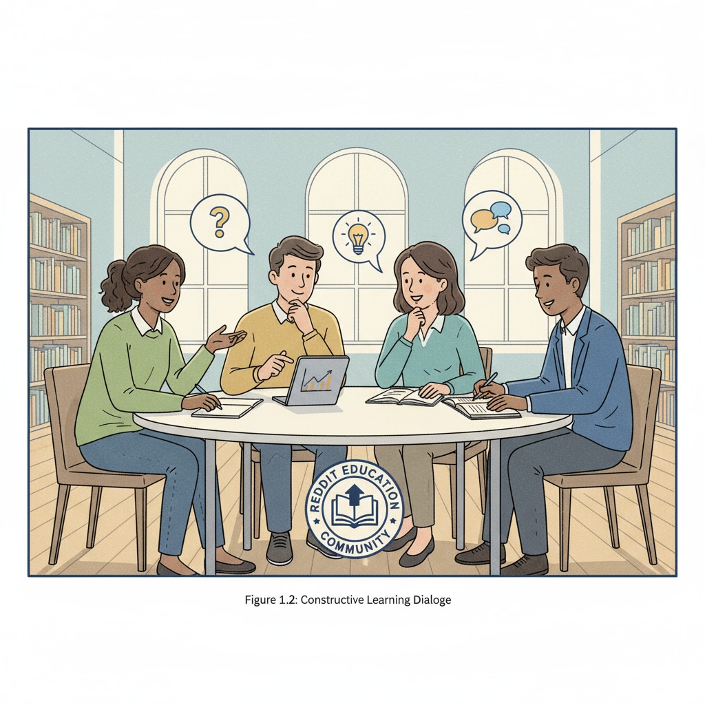 An illustration showing people having respectful educational discussions, representing the positive environment in the Reddit education community. Community rules, educational networks, and subreddits in the Reddit education community