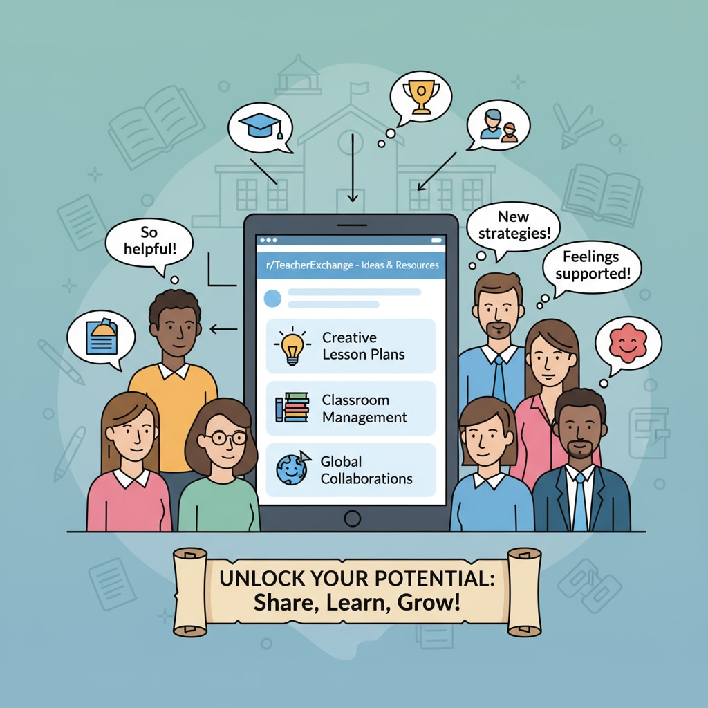 A visual depiction of teachers sharing ideas on an educational subreddit, highlighting the benefits for teachers. Educational subreddits for teachers and the value they provide