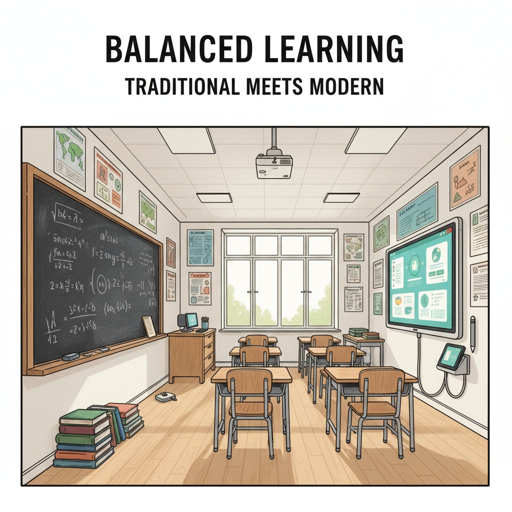 A classroom setup with a traditional blackboard on one side and a modern interactive whiteboard on the other, showing a balanced learning environment. A classroom with traditional and modern teaching tools for balanced education