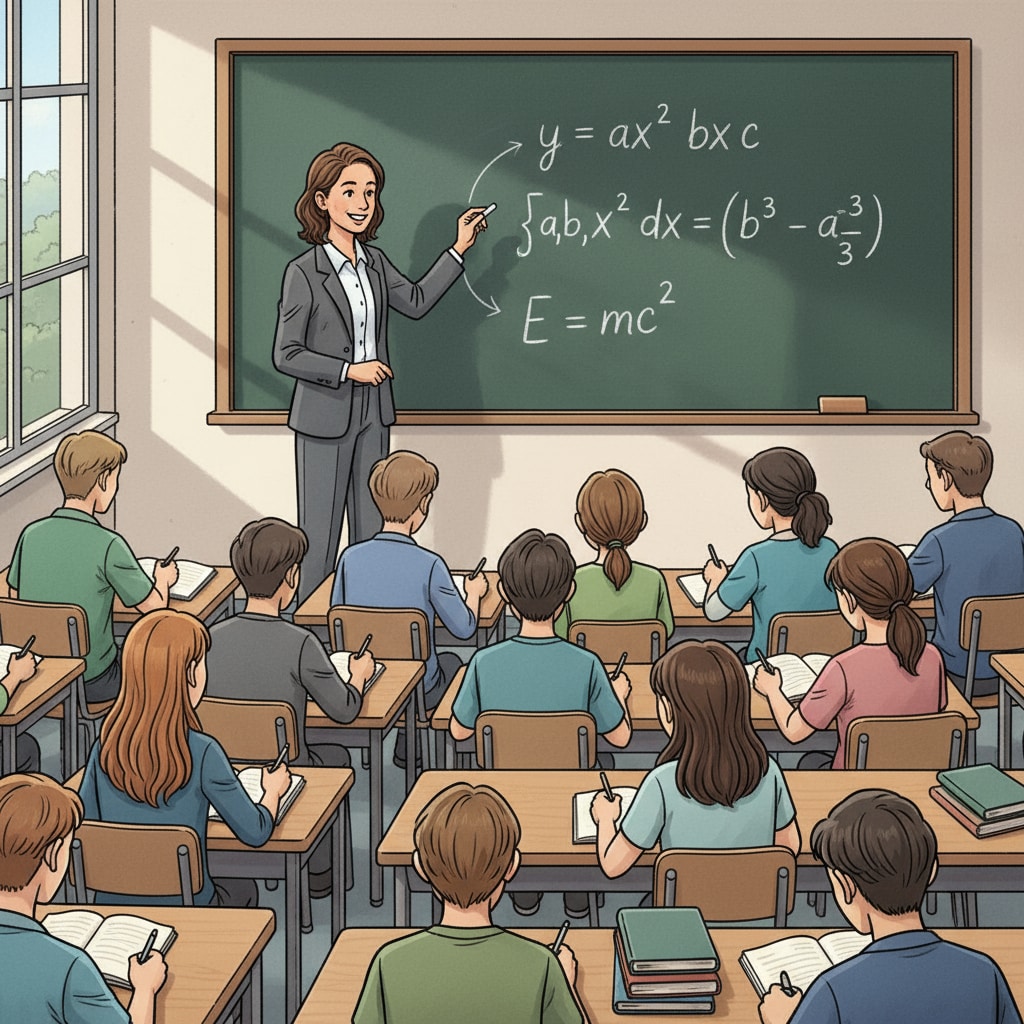 A teacher writing equations on a blackboard while students are attentively taking notes, highlighting the effectiveness of traditional teaching tools. A teacher using traditional teaching tools for effective instruction
