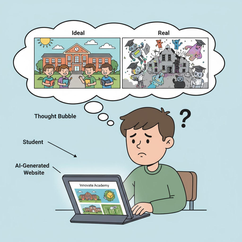 Student's confused reaction while browsing school website with AI-generated images