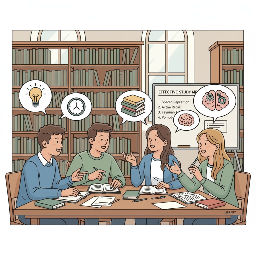 A group of high school students are engaged in a discussion about study methods in a library setting, with books and notebooks scattered on the table. High school students discussing study methods and academic skills in a library