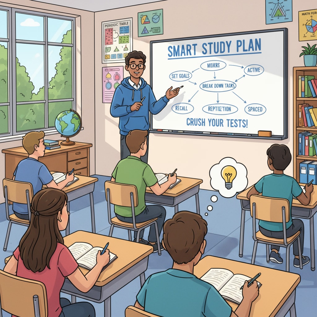 High school students are presenting their study tips to the class. One student is at the front of the class, using a whiteboard to explain a study strategy, while others are listening attentively. High school students presenting study methods and academic skills in a classroom