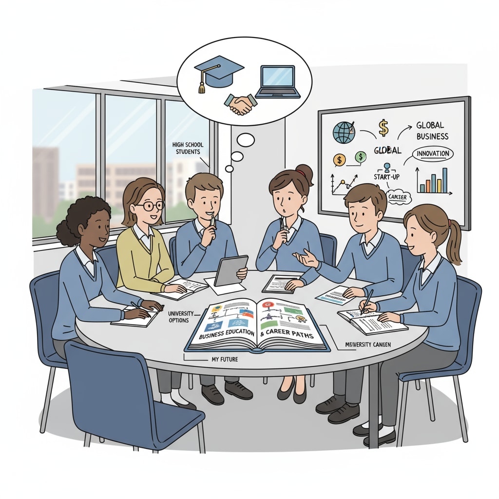 A group of high school students are sitting around a table, discussing their options for business education and future career plans. High school students discussing business education and career plans related to business, higher education, and career planning