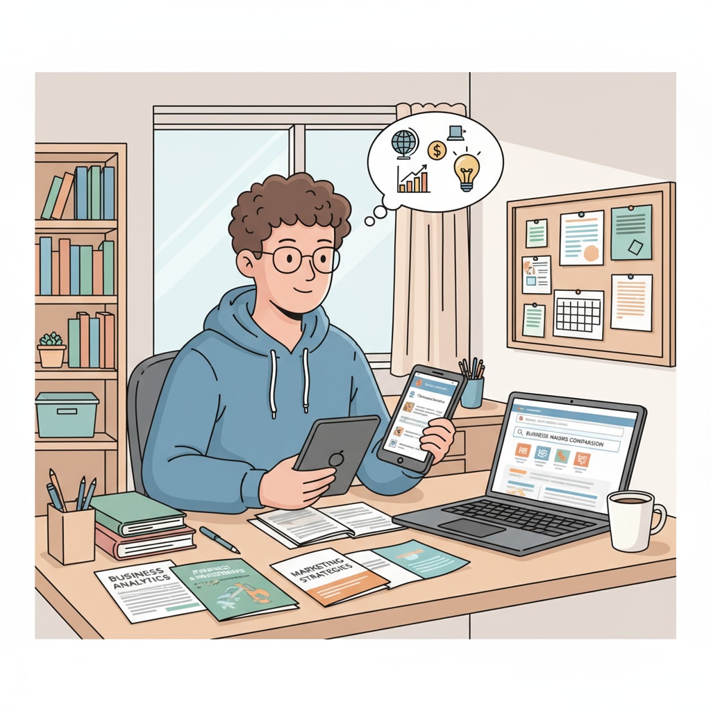 A student is sitting at a desk, looking at different brochures and websites, researching various business majors. A student researching different business majors in the context of business, higher education, and career planning