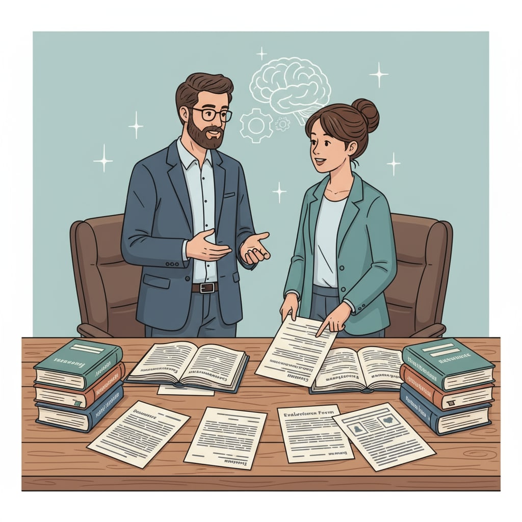 Two educators are engaged in a discussion, with research reports and evaluation forms spread out on the table, indicating their collaborative effort in improving education. Educators discussing research and evaluation in an educational context to address social inequality