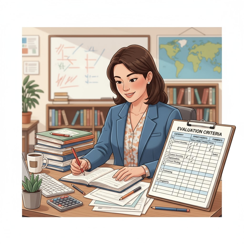 A teacher is carefully grading student assignments, using a detailed rubric as part of the evaluation process to assess students' performance and contribute to educational improvement. Teacher conducting evaluation of student assignments in an educational setting related to social inequality