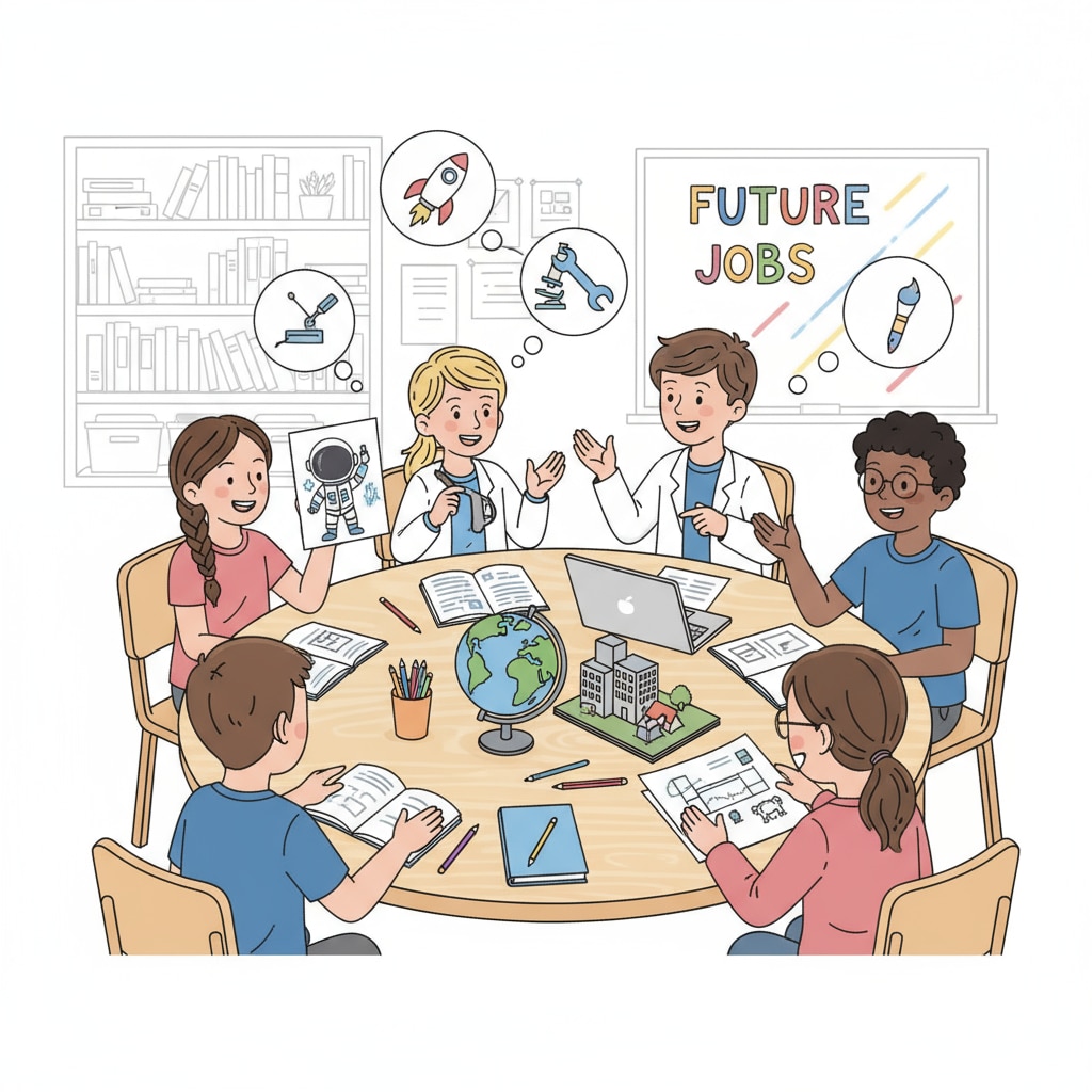 A group of K12 students are sitting around a table, having an animated discussion about the jobs they hope to have in the future. Some are holding pictures of their dream occupations. K12 students discussing their dream jobs and career planning in relation to future employment dilemmas