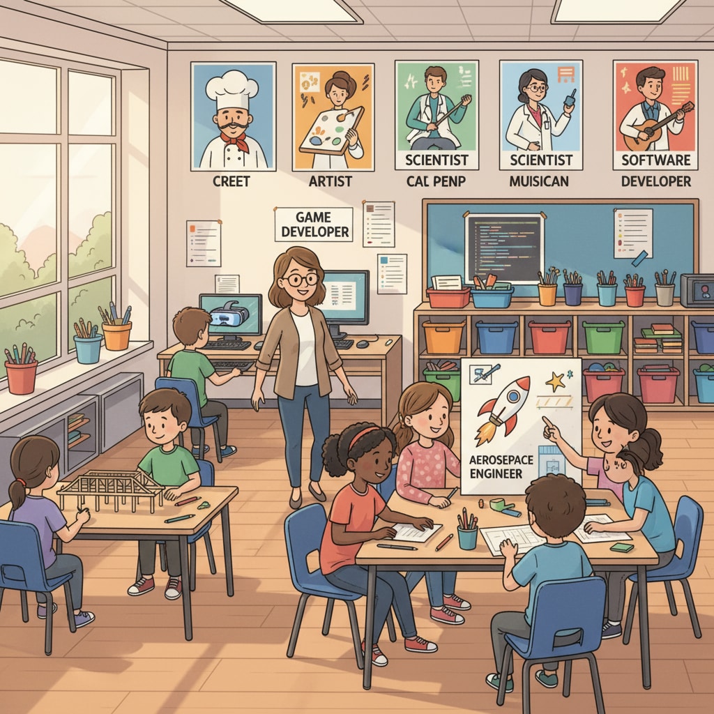 In a K12 classroom, students are busy working on projects related to career exploration. There are posters of different careers on the walls. K12 students engaged in career exploration projects as part of their career planning journey to face future employment dilemmas