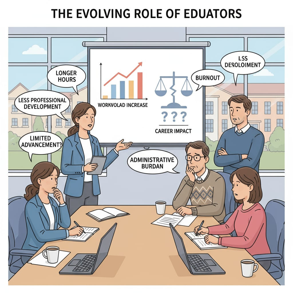 A group of educators in a meeting room, discussing their increased work responsibilities and the impact on their careers. Educators discussing increased responsibilities in higher education