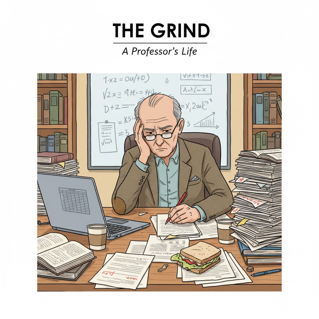 A professor sitting at a desk, surrounded by papers and books, looking stressed while grading assignments. Professor with heavy workload due to increased responsibilities in higher education