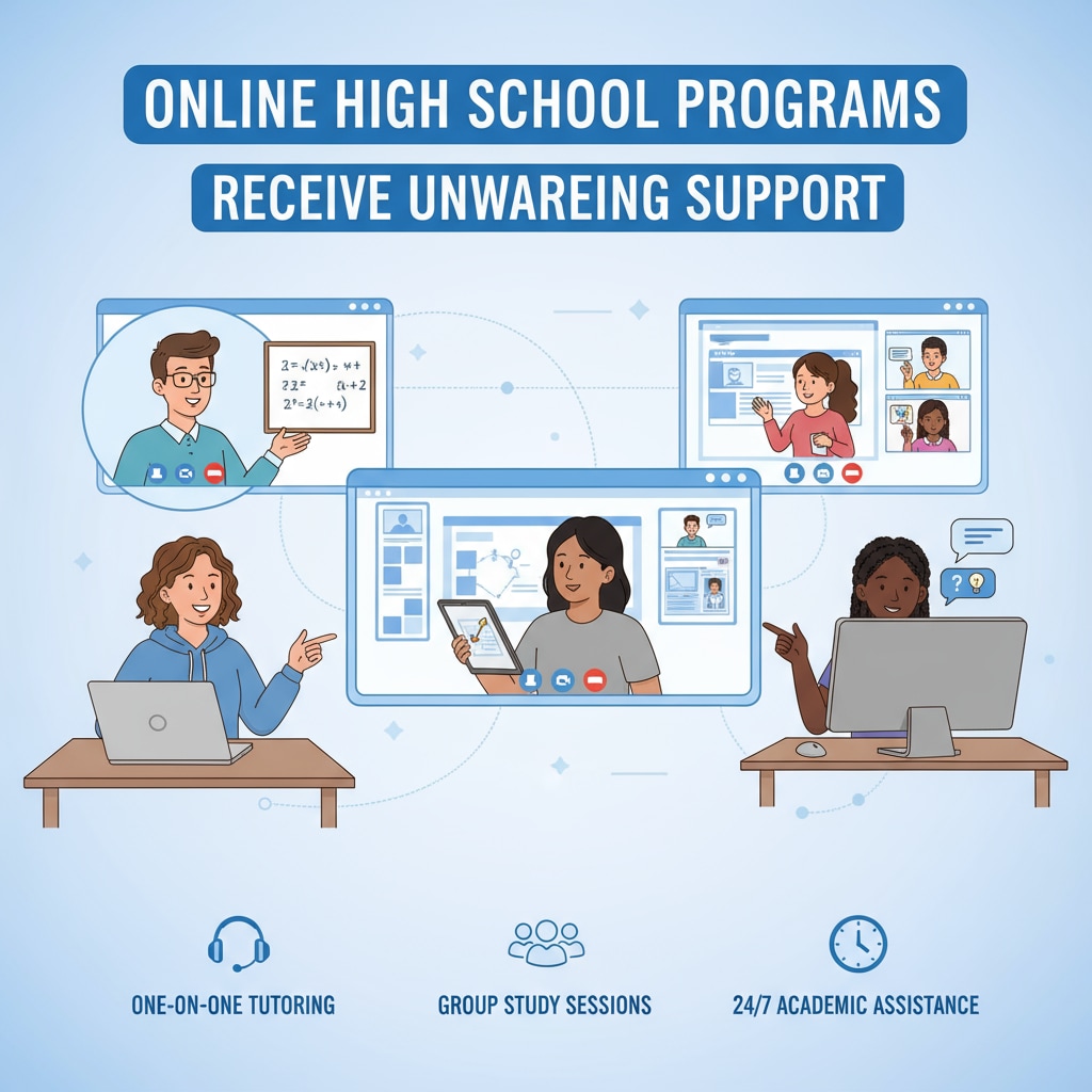 Students getting support in an online high school relevant to credit requirements and high school diploma