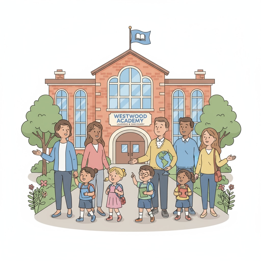 A group of parents and children approaching the entrance of a public school, with expressions of curiosity and anticipation on their faces. Parents and children visiting a public school for education choice considerations.