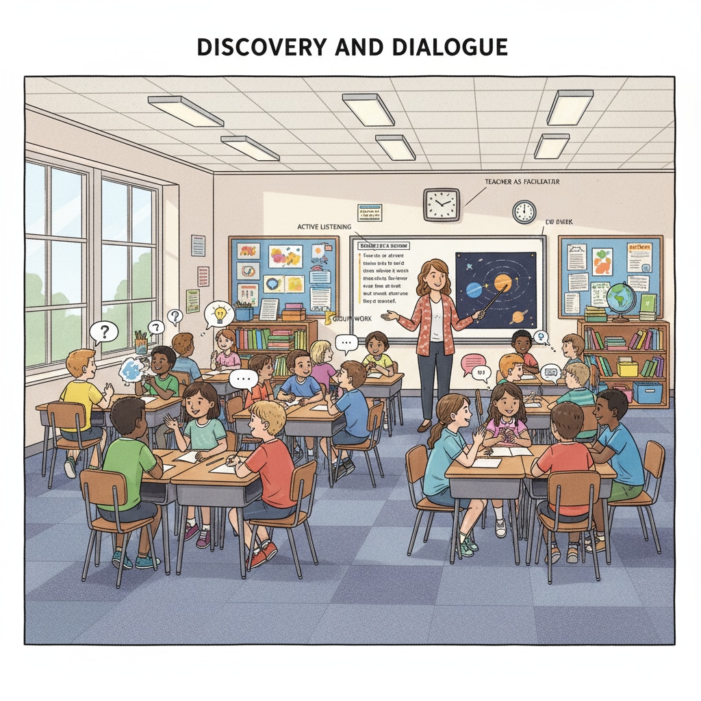 A classroom in a public school filled with students actively engaged in a discussion, with a teacher standing nearby, smiling and guiding the interaction. A classroom scene in a public school relevant to education choice and school visit evaluation.