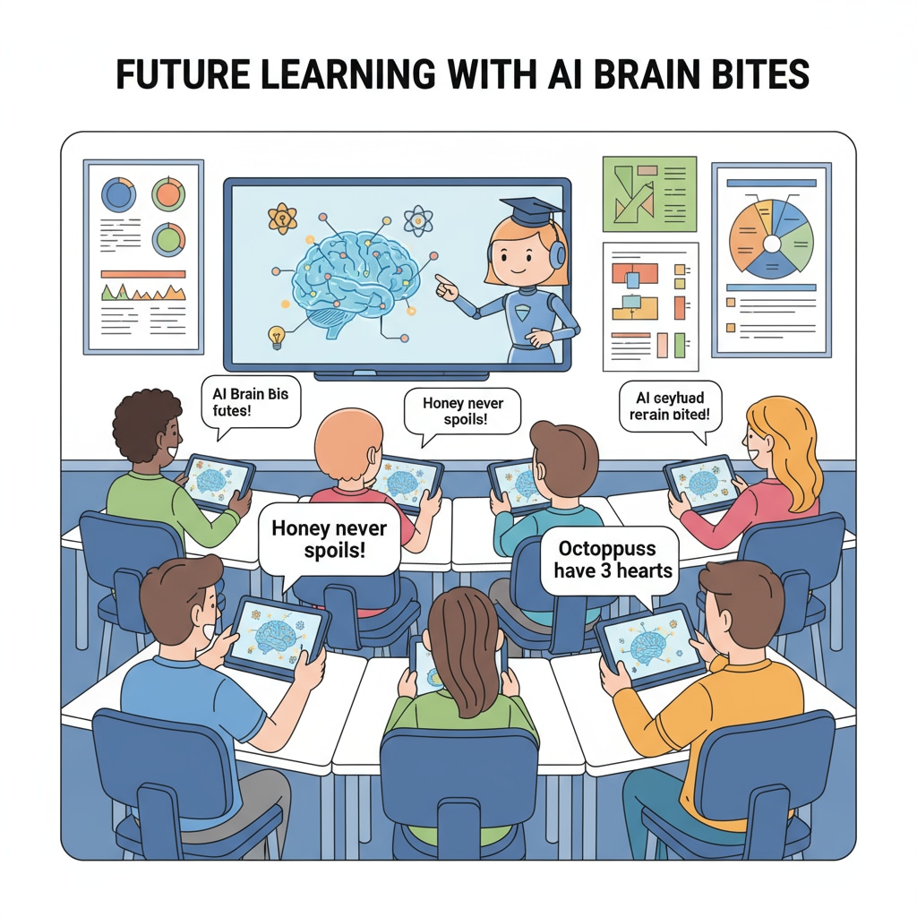 An illustration depicting students using tablets with the AI Brain Bites interface to learn interesting educational facts. Students using AI Brain Bites, an AI content generation learning tool for educational facts.