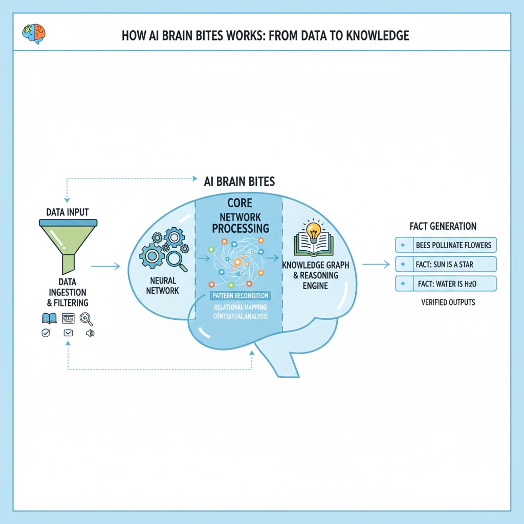A diagram that shows the internal working of AI Brain Bites, from data input to fact generation. Working mechanism of AI Brain Bites, an educational fact generation tool powered by AI content generation.