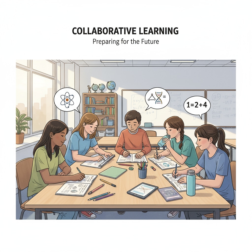 A group of high school students are sitting around a table, studying with various workbooks open in front of them. High school students studying with workbooks related to basic knowledge including algebra