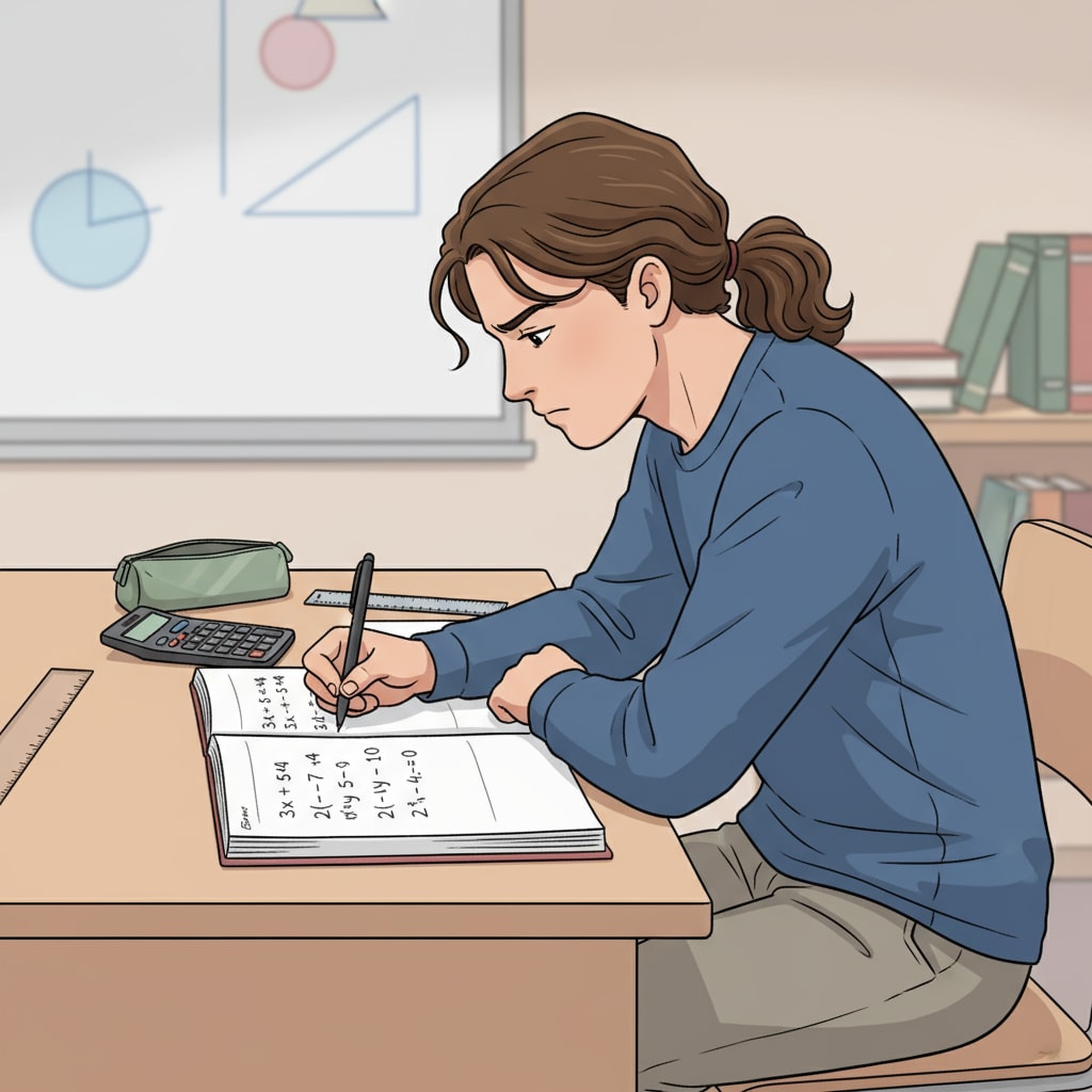 A student is sitting at a desk, writing algebraic equations in a workbook with a focused expression. A student writing algebraic equations in a high school basic knowledge workbook