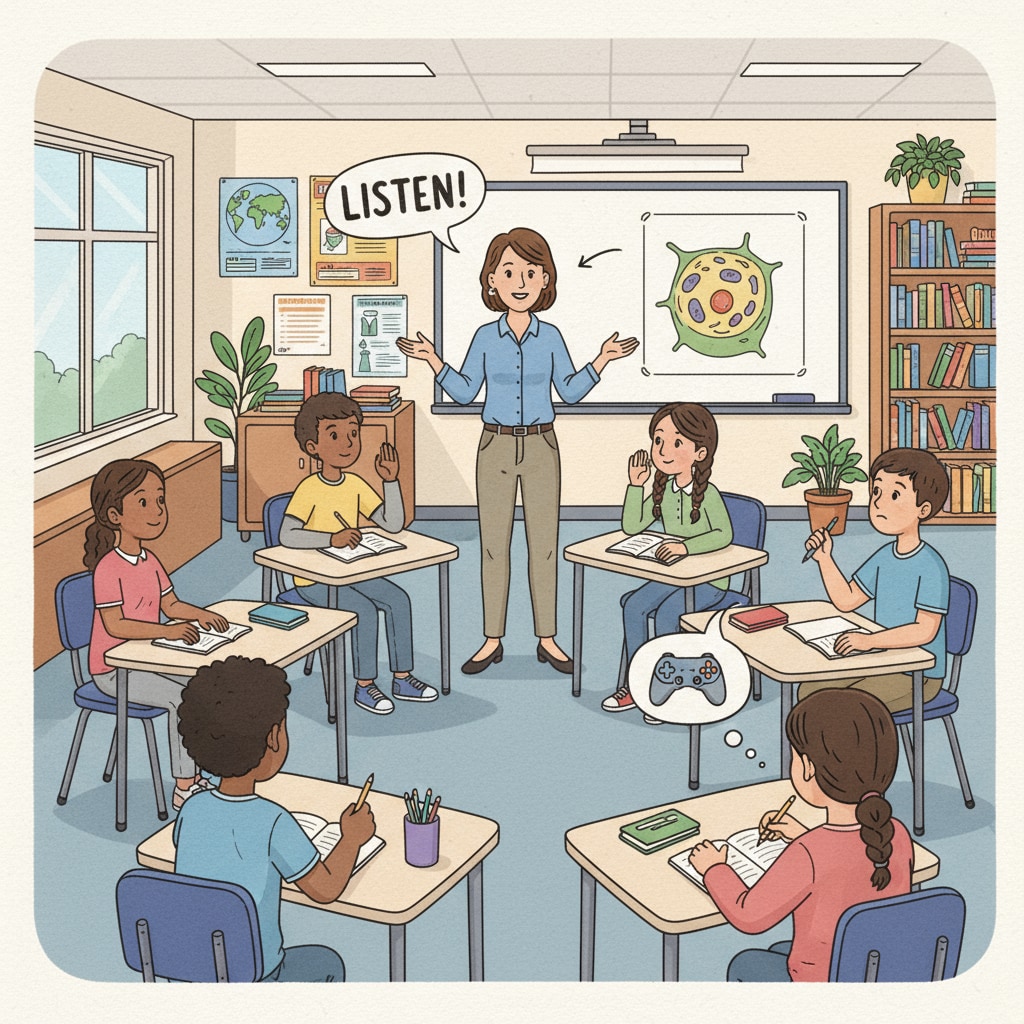 A group of 7th grade students in an inclusive classroom, some looking distracted while the teacher gives instructions 7th grade inclusive classroom with students not fully engaged during instruction