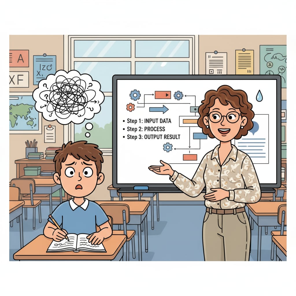 A student with a confused expression while the teacher is explaining instructions 7th grade student confused during instruction in inclusive education