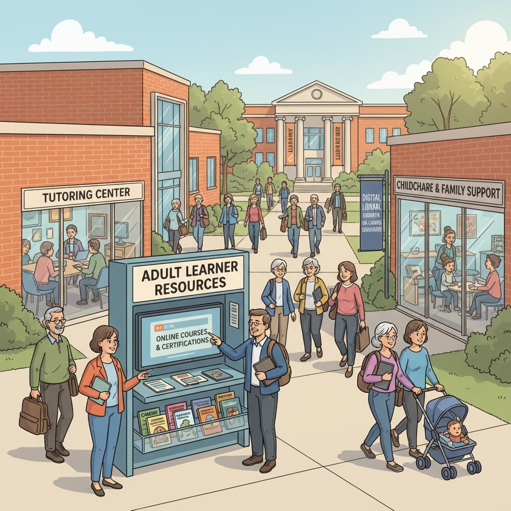 A view of a community college campus with students walking around, indicating the availability of educational resources for adult learners. Community college as a source of free education resources for adult high school diploma seekers.