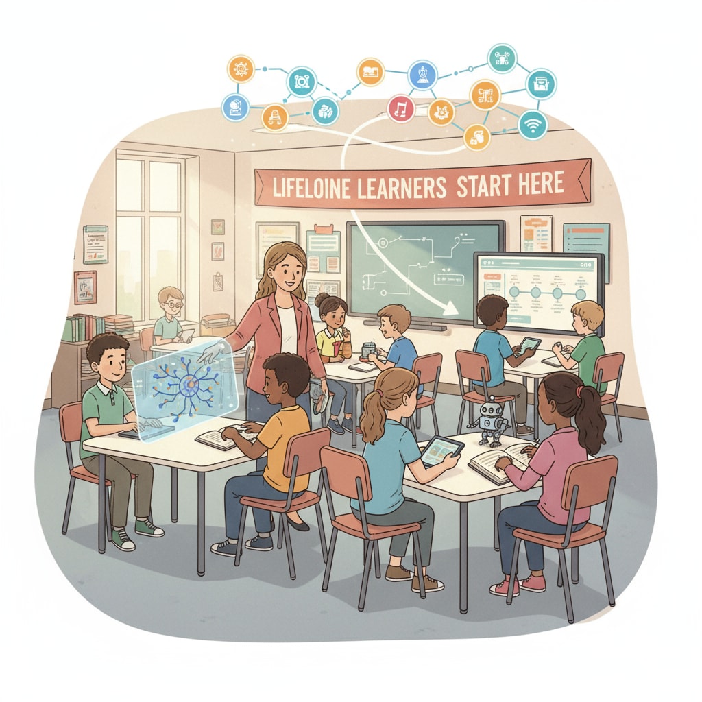 A group of students in a modern K12 classroom, engaged in active learning, representing the starting point of lifelong learning K12 classroom scene highlighting the start of lifelong learning for education, lifelong learning, and success