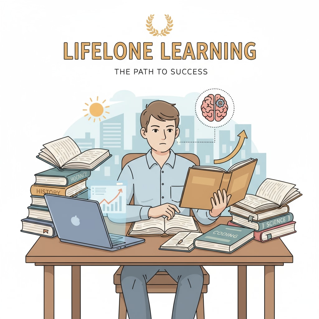 A person reading books and using a laptop, demonstrating the pursuit of lifelong learning for success An individual engaged in lifelong learning activities for education, lifelong learning, and success