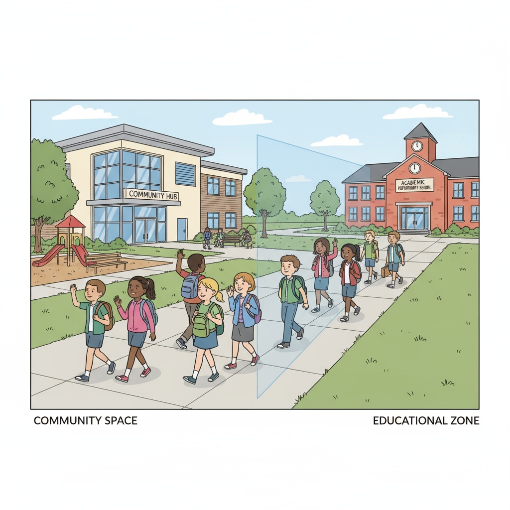 A scenario where students are walking away from a community center and towards a school building, indicating the separation between school and community. Image showing the separation between small town school and community related to school independence, community separation, and youth programs