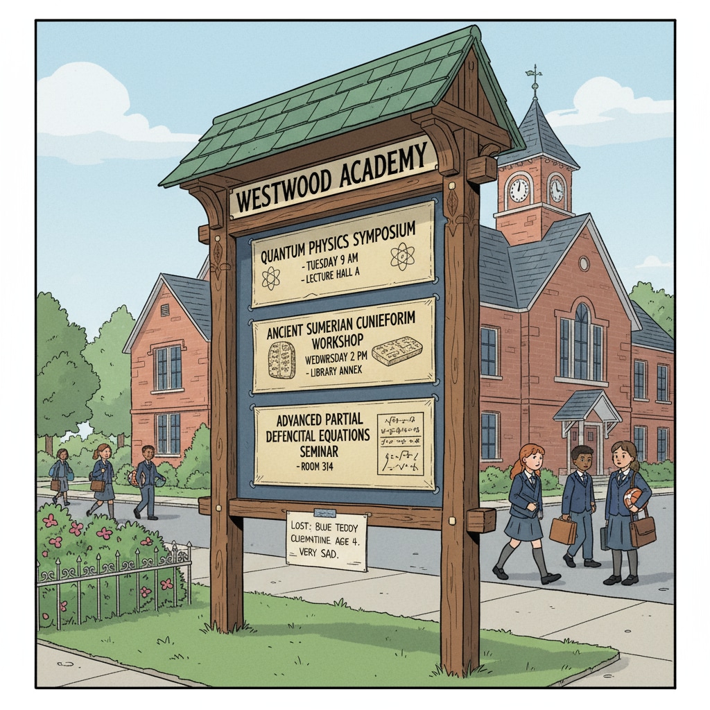 A signboard at a school entrance with announcements of events that seem to have no connection with community activities, highlighting the disconnect. Signboard highlighting the lack of connection between school events and community in the context of school independence, community separation, and youth programs